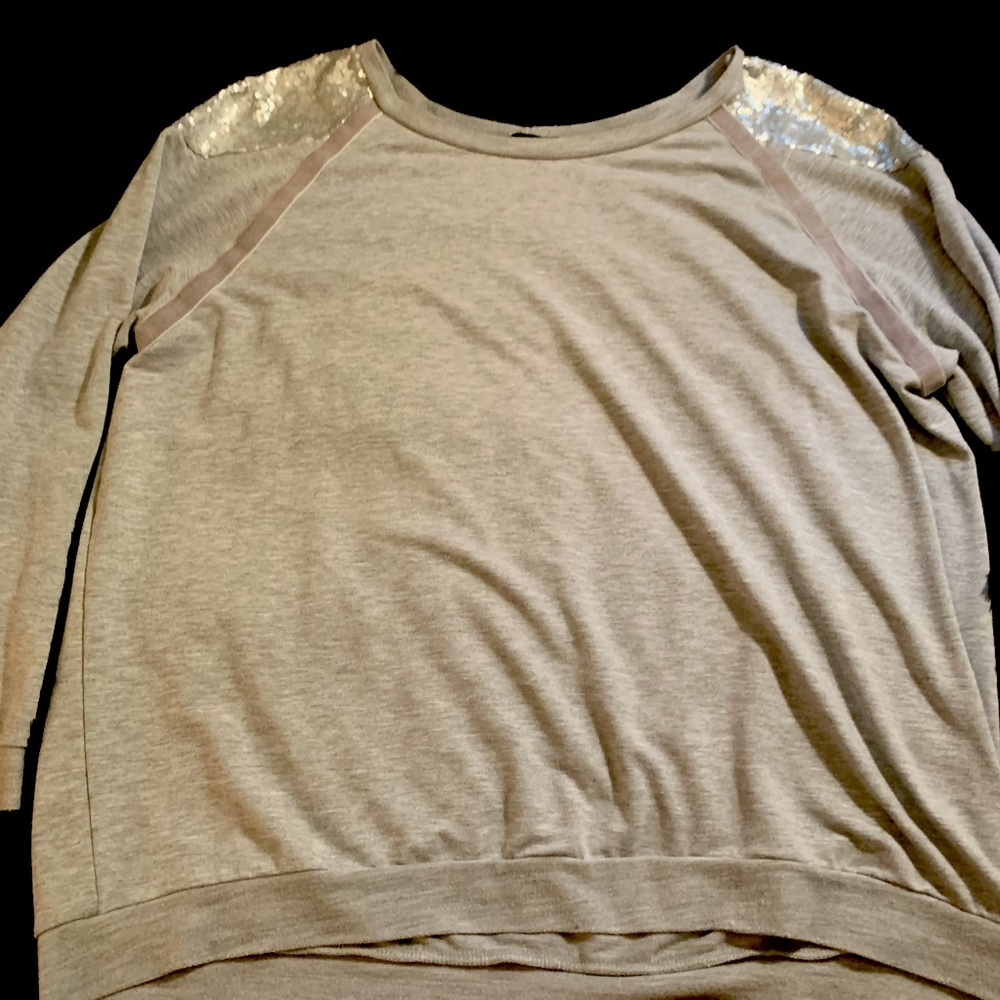 This top is a gray top with silver sequins accents. It’s in very good condition.